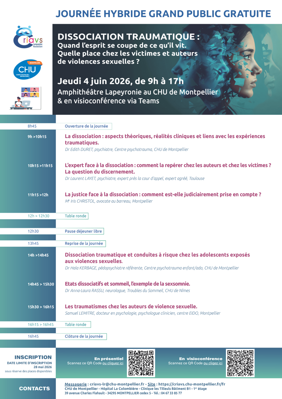 Programme annonçant une journée hybride grand public gratuite sur la dissociation traumatique, organisée le 4 juin 2026 au CHU de Montpellier et en visioconférence via Teams par l’équipe du CRIAVS-LR (Centre Ressource pour les Intervenants auprès d’Auteurs de Violences Sexuelles).